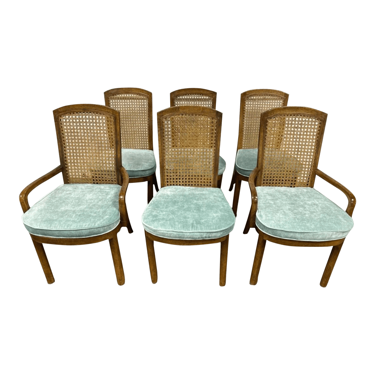 Drexel Mid 20th Century Cane and Oak Dining Chairs With New Velvet Upholstery - Set of 6 - Thumbnail 2