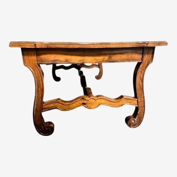 Late 20th Century Lyre Leg Hacienda Style Coffee Table in Knotty Pine and Fruitwood - Image 1