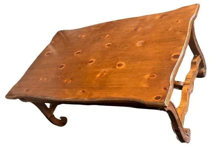 Late 20th Century Lyre Leg Hacienda Style Coffee Table in Knotty Pine and Fruitwood - Thumbnail 3