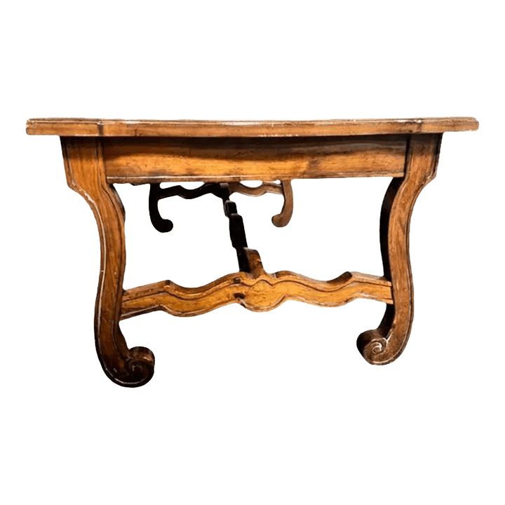 Late 20th Century Lyre Leg Hacienda Style Coffee Table in Knotty Pine and Fruitwood - Thumbnail 2