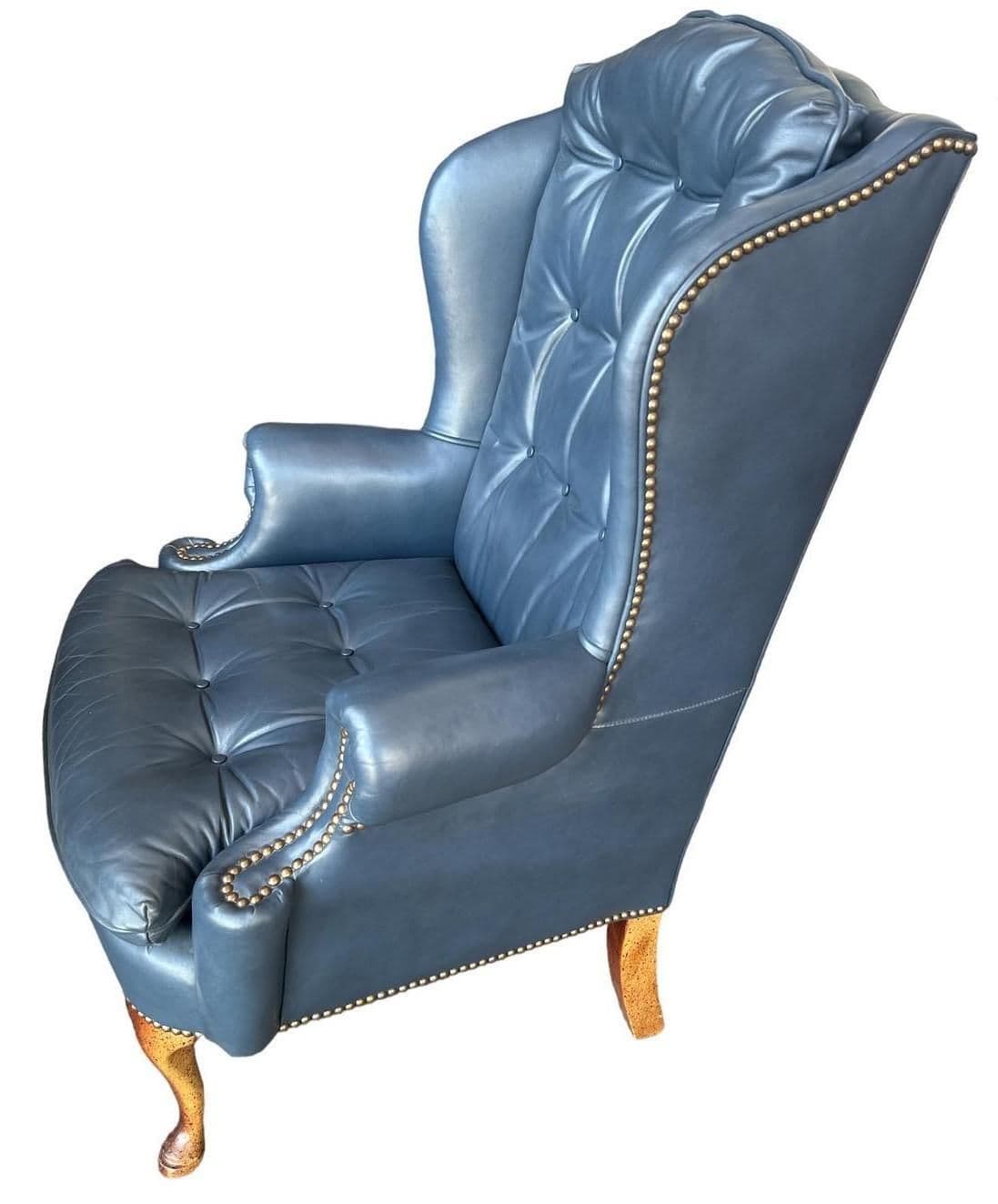 1980s Cornflower Blue Tufted Leather Chair and Ottoman Set Made in Hickory, North Carolina - Thumbnail 4