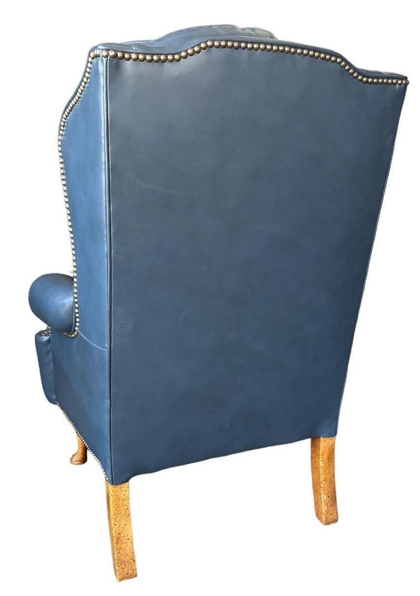 1980s Cornflower Blue Tufted Leather Chair and Ottoman Set Made in Hickory, North Carolina - Thumbnail 5