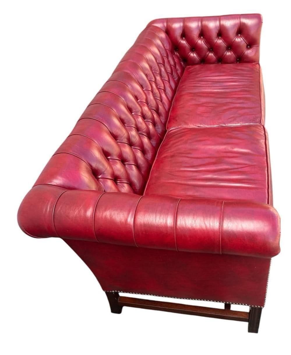 Cherry Red Leather and Mahogany Chesterfield Sofa by St. Timothy of Hickory, North Carolina - Thumbnail 3