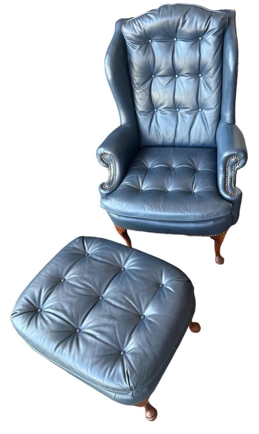 1980s Cornflower Blue Tufted Leather Chair and Ottoman Set Made in Hickory, North Carolina - Thumbnail 3