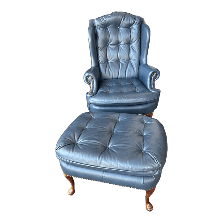 1980s Cornflower Blue Tufted Leather Chair and Ottoman Set Made in Hickory, North Carolina - Thumbnail 2