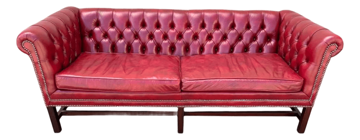 Cherry Red Leather and Mahogany Chesterfield Sofa by St. Timothy of Hickory, North Carolina - Thumbnail 2