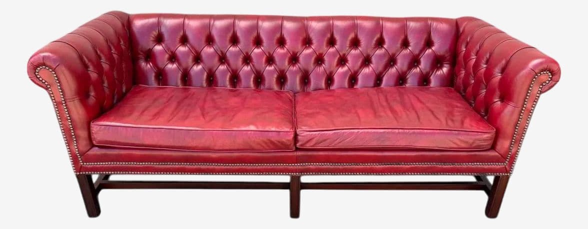 Cherry Red Leather and Mahogany Chesterfield Sofa by St. Timothy of Hickory, North Carolina - Image 1