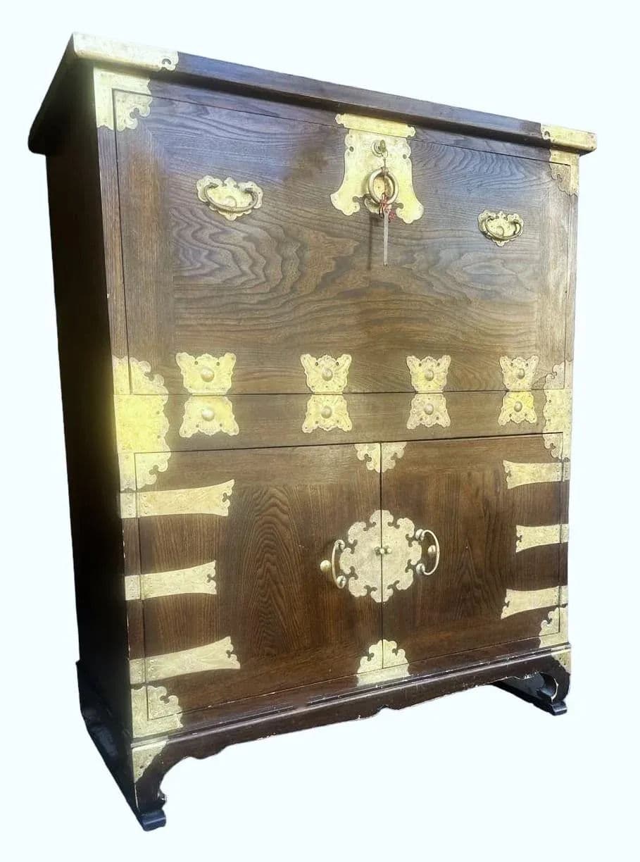 Korean Elmwood and Brass Campaign Style Secretary Desk - Vintage Late 20th Century - Thumbnail 4