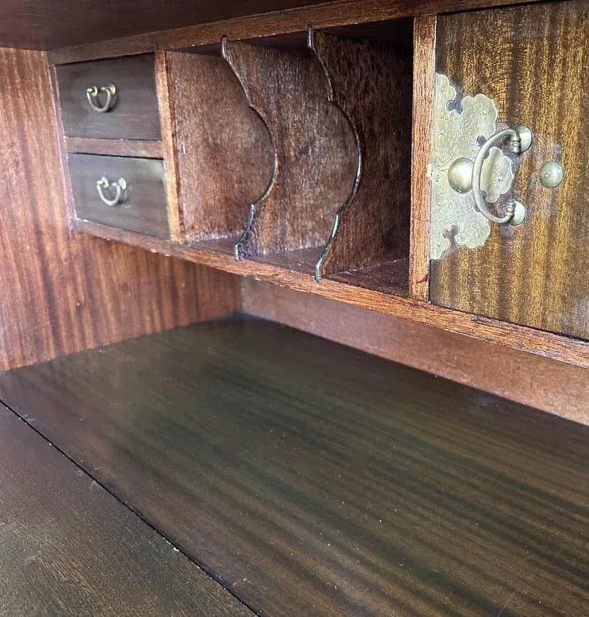 Korean Elmwood and Brass Campaign Style Secretary Desk - Vintage Late 20th Century - Thumbnail 5