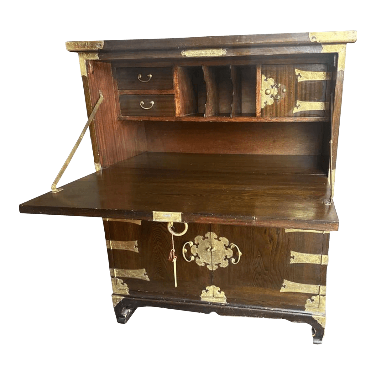 Korean Elmwood and Brass Campaign Style Secretary Desk - Vintage Late 20th Century - Thumbnail 2