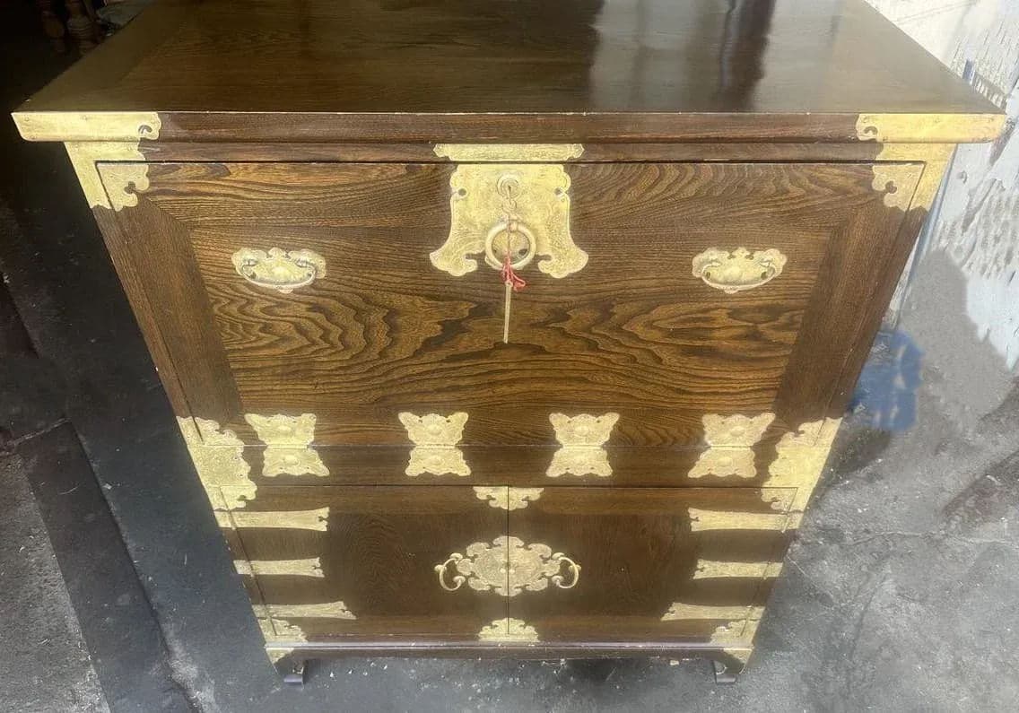 Korean Elmwood and Brass Campaign Style Secretary Desk - Vintage Late 20th Century - Thumbnail 9