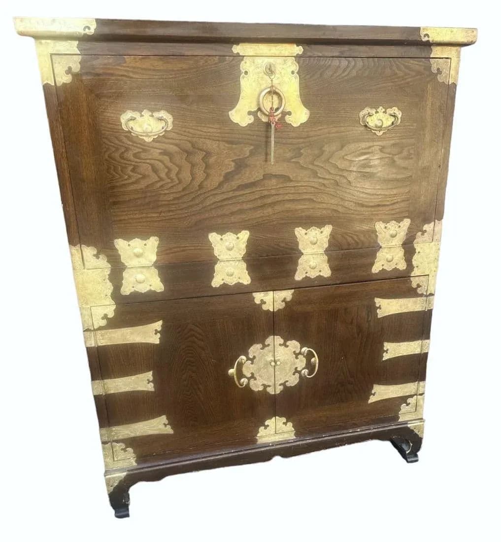 Korean Elmwood and Brass Campaign Style Secretary Desk - Vintage Late 20th Century - Thumbnail 8