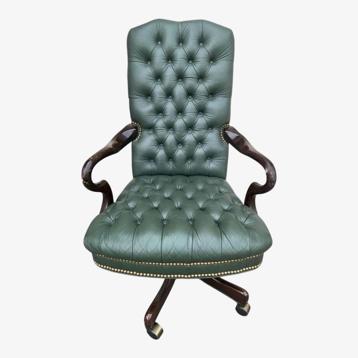 Early 21st Century Green Tufted Leather and Cherry Wood Executive Swivel Chair - Image 1