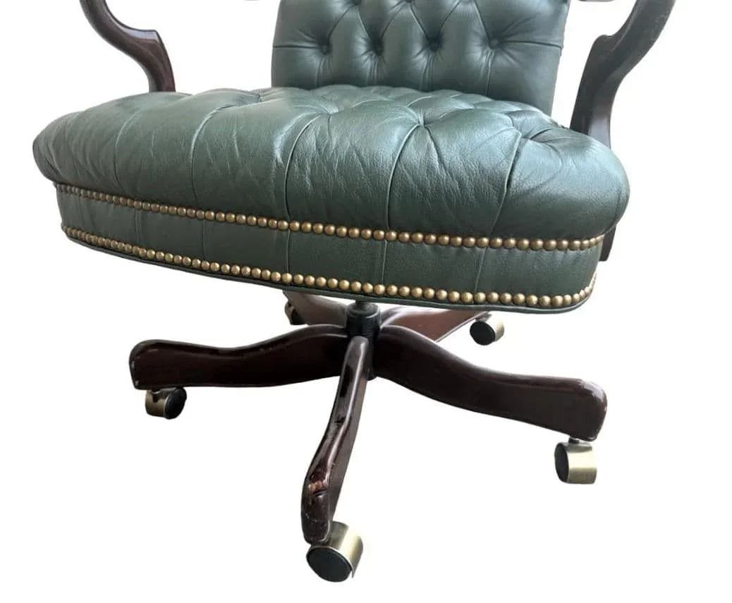 Early 21st Century Green Tufted Leather and Cherry Wood Executive Swivel Chair - Thumbnail 6