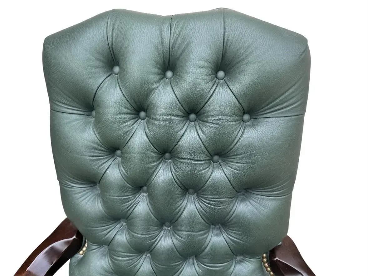 Early 21st Century Green Tufted Leather and Cherry Wood Executive Swivel Chair - Thumbnail 4