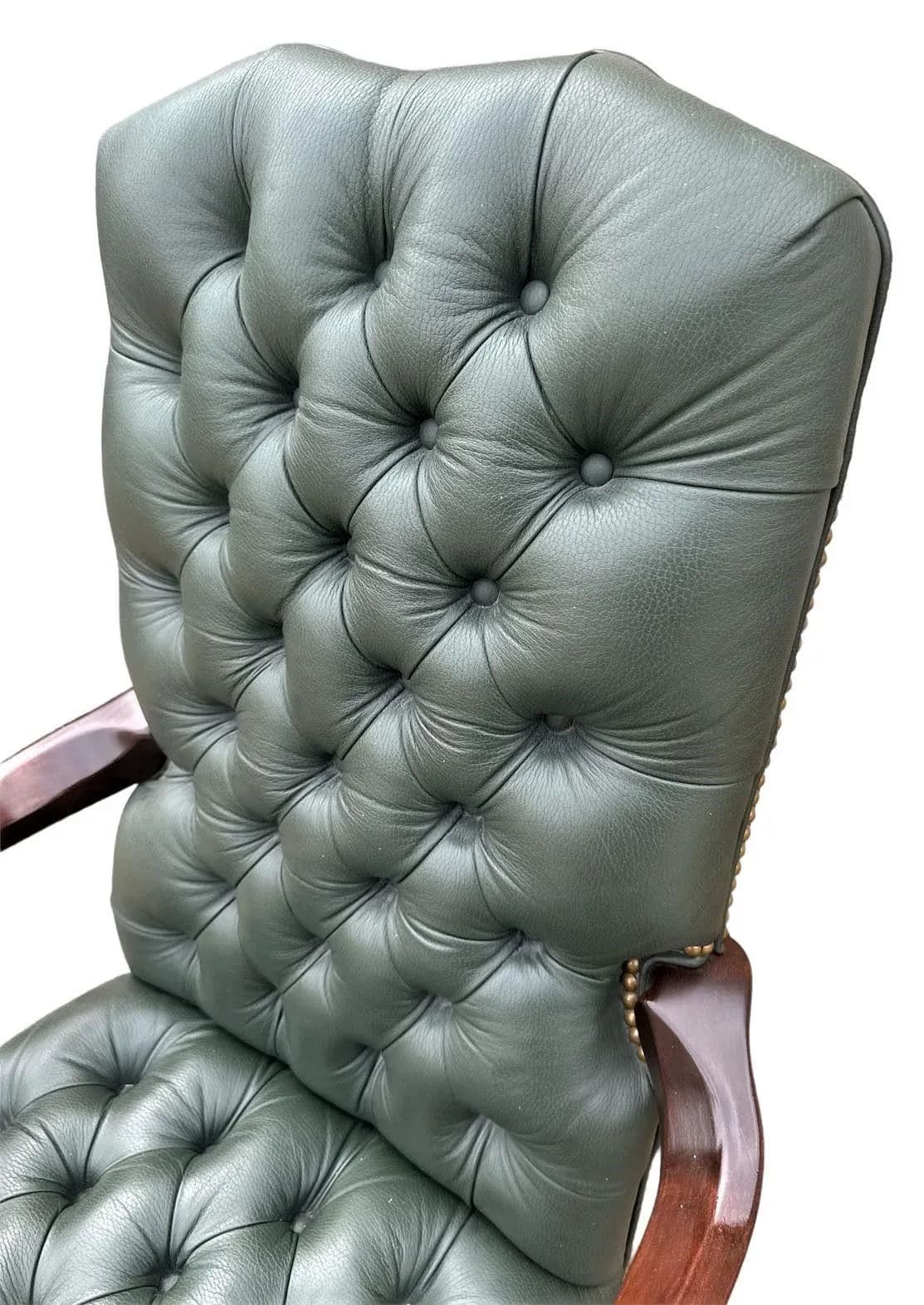 Early 21st Century Green Tufted Leather and Cherry Wood Executive Swivel Chair - Thumbnail 5