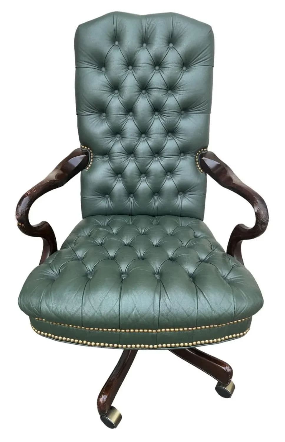 Early 21st Century Green Tufted Leather and Cherry Wood Executive Swivel Chair - Thumbnail 7