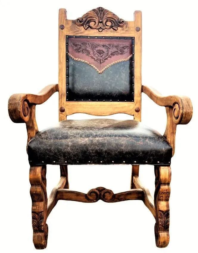 Custom Made Mexican Hacienda Chairs in Tooled Leather and Carved Wood - Set of 6 - Thumbnail 3