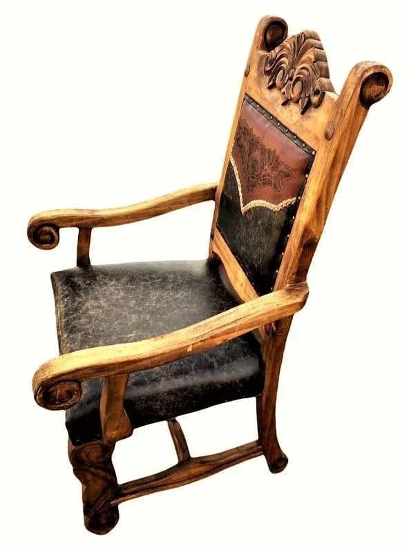 Custom Made Mexican Hacienda Chairs in Tooled Leather and Carved Wood - Set of 6 - Thumbnail 4