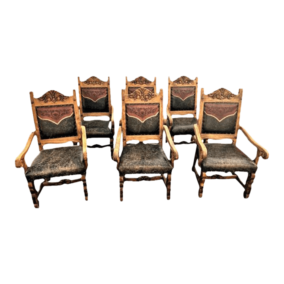 Custom Made Mexican Hacienda Chairs in Tooled Leather and Carved Wood - Set of 6 - Thumbnail 2
