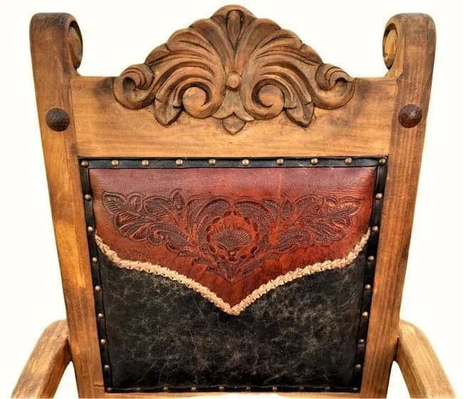 Custom Made Mexican Hacienda Chairs in Tooled Leather and Carved Wood - Set of 6 - Thumbnail 6