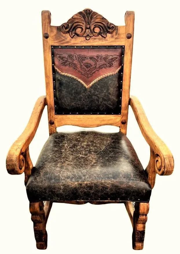 Custom Made Mexican Hacienda Chairs in Tooled Leather and Carved Wood - Set of 6 - Thumbnail 9