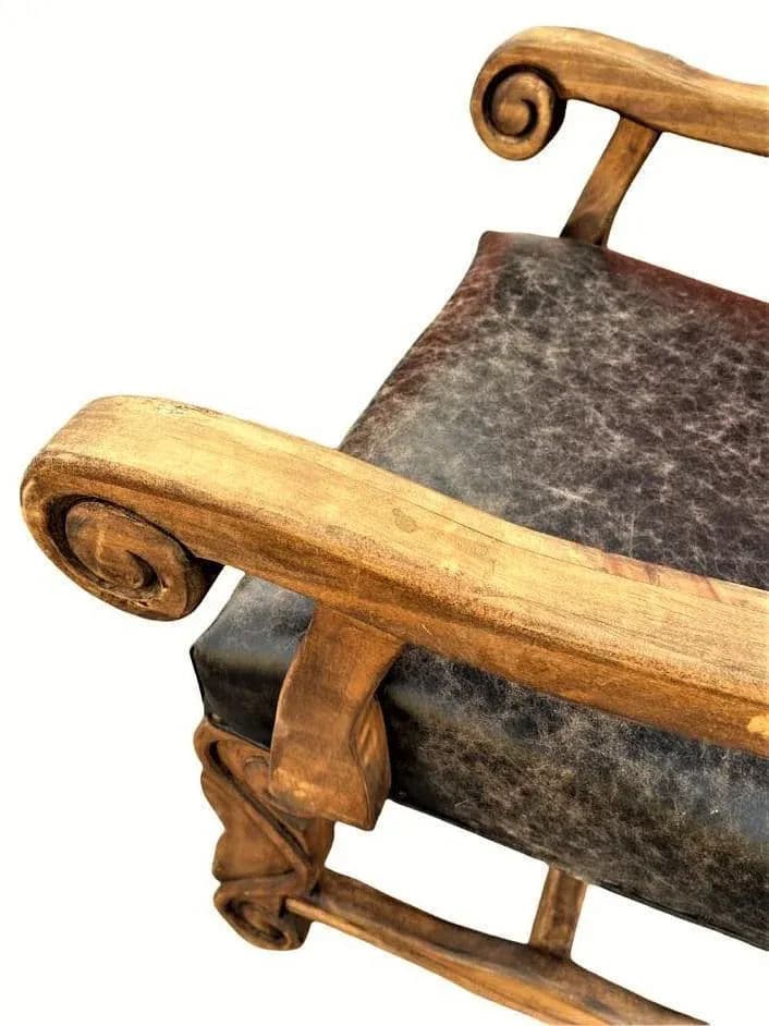 Custom Made Mexican Hacienda Chairs in Tooled Leather and Carved Wood - Set of 6 - Thumbnail 8
