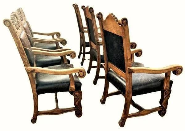 Custom Made Mexican Hacienda Chairs in Tooled Leather and Carved Wood - Set of 6 - Thumbnail 12