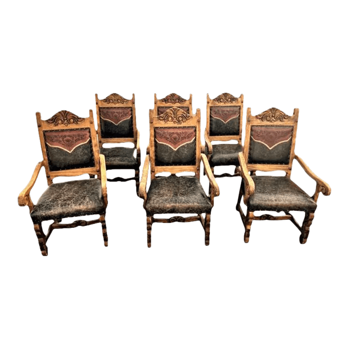 Custom Made Mexican Hacienda Chairs in Tooled Leather and Carved Wood - Set of 6 - Thumbnail 14