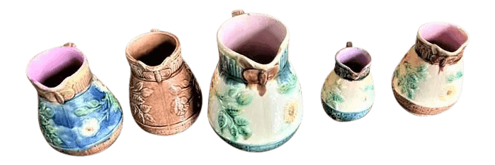 1890s Butterfly Spout Arts & Crafts Etruscan Majolica Pitchers - Set of 5 - Thumbnail 2