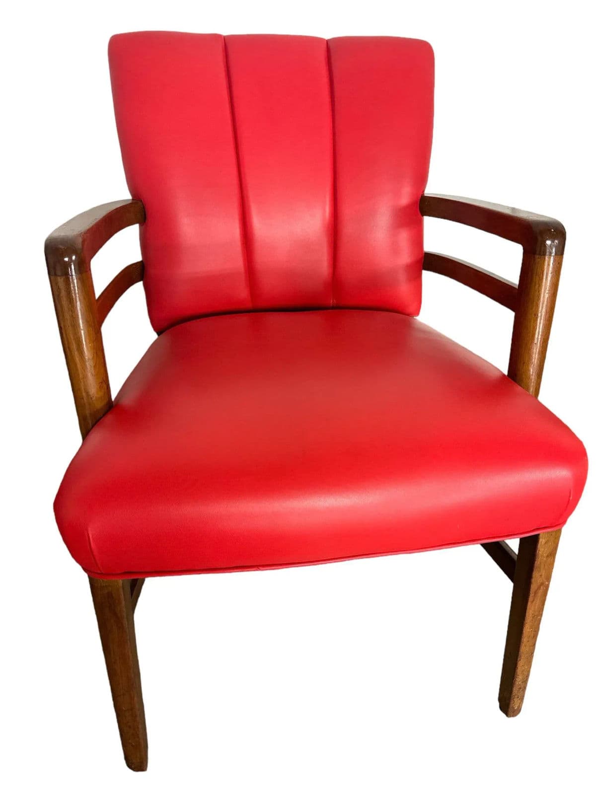 Pair of Vintage Gunlocke Channel Back Chairs With New Red Goatskin Leather Upholstery - Circa 1950s - Thumbnail 3