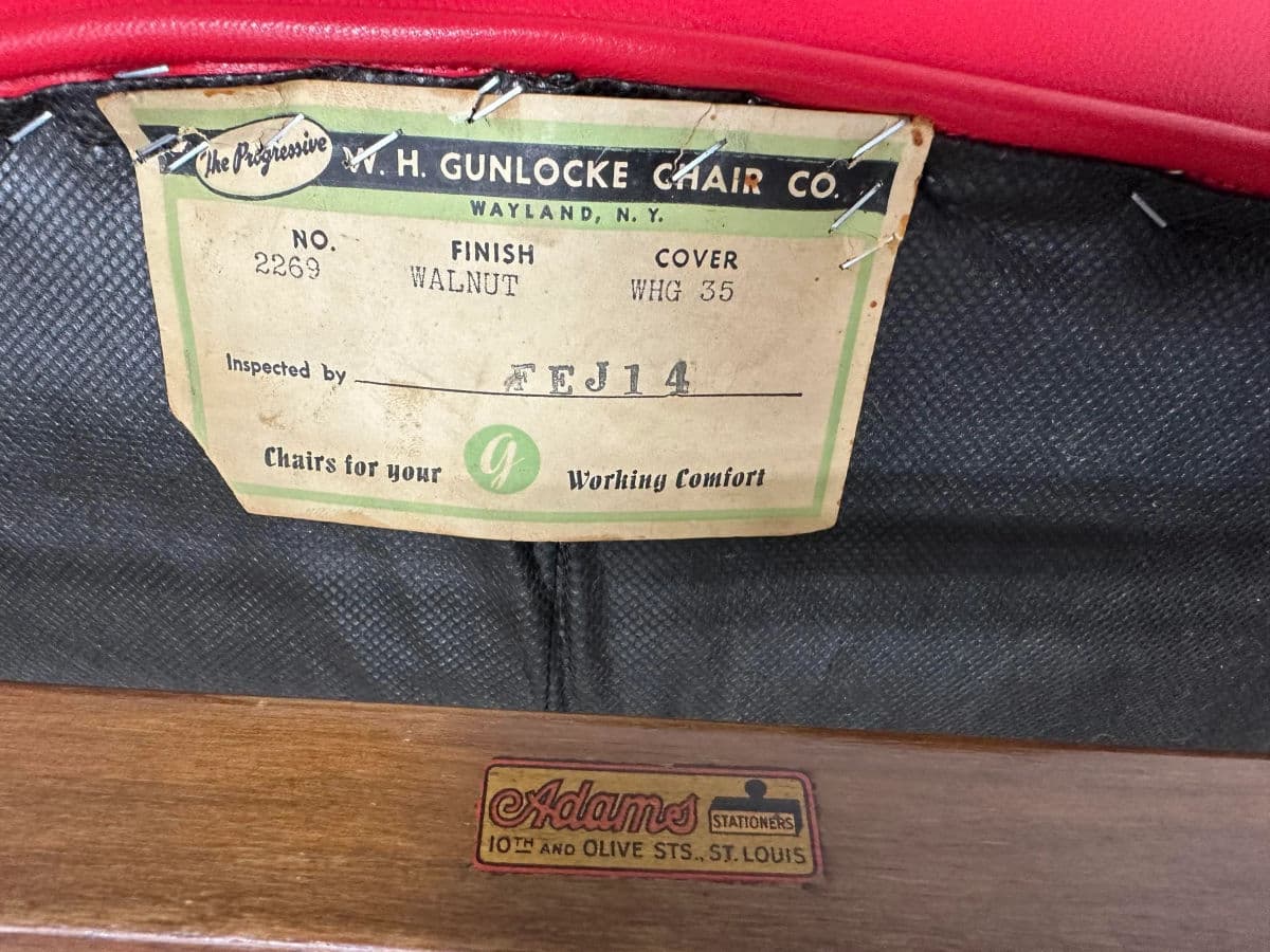 Pair of Vintage Gunlocke Channel Back Chairs With New Red Goatskin Leather Upholstery - Circa 1950s - Thumbnail 4