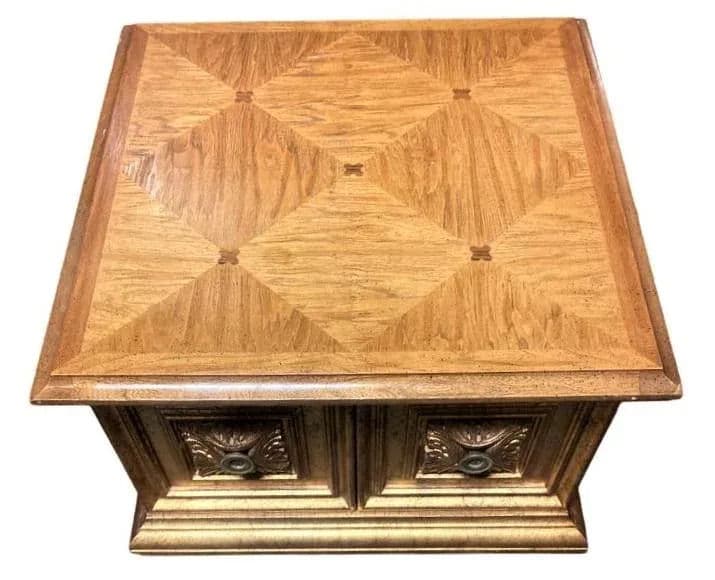 Late 20th Century Hollywood Regency Giltwood and Oak Parquet 30" X 30" Side Tables - a Pair - Thumbnail 4