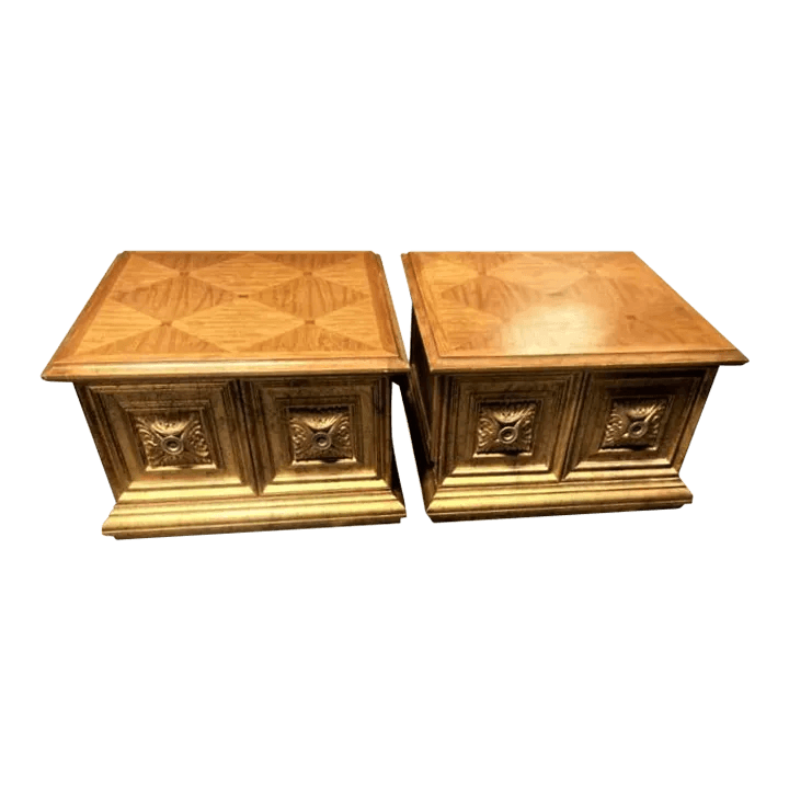 Late 20th Century Hollywood Regency Giltwood and Oak Parquet 30" X 30" Side Tables - a Pair - Thumbnail 2
