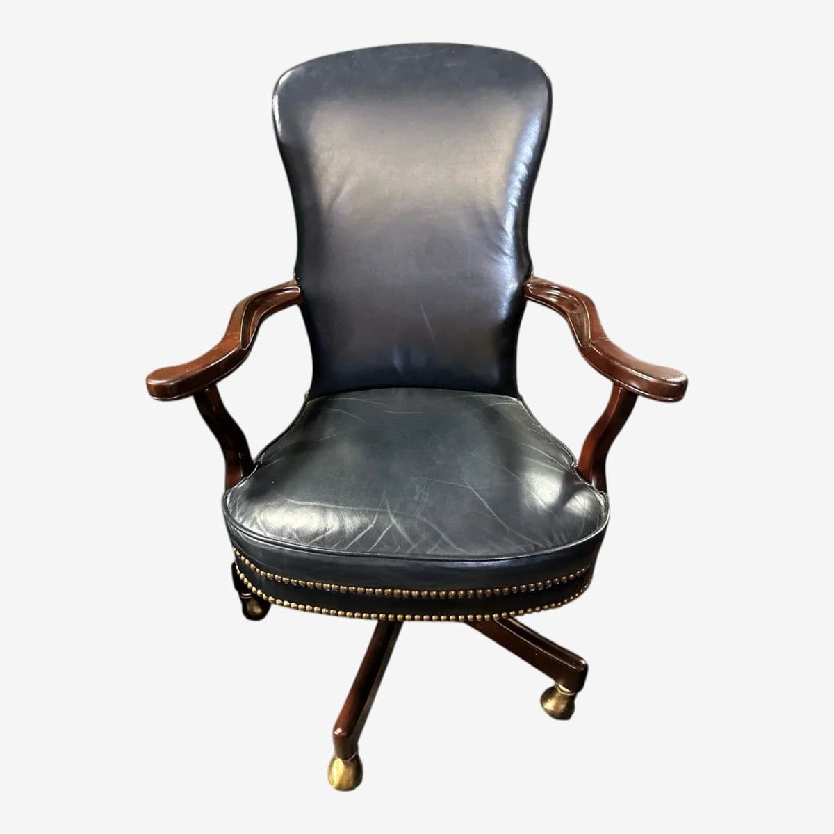 Quaker Furniture Hickory North Carolina Dark Blue Leather Swivel Chair - Image 1