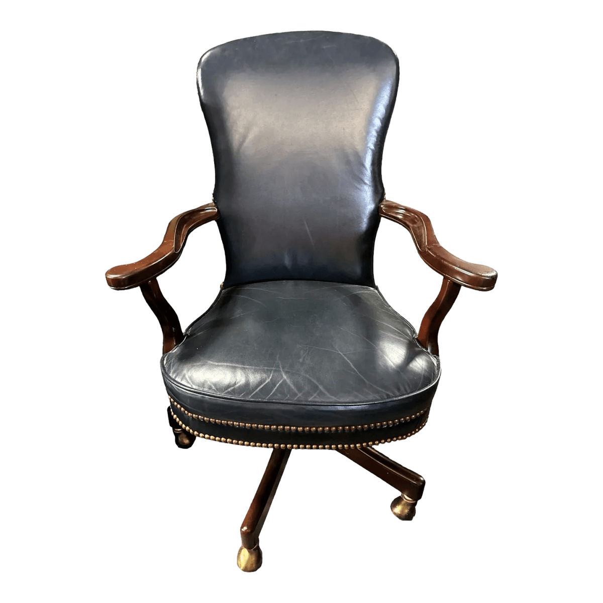 Quaker Furniture Hickory North Carolina Dark Blue Leather Swivel Chair - Thumbnail 2