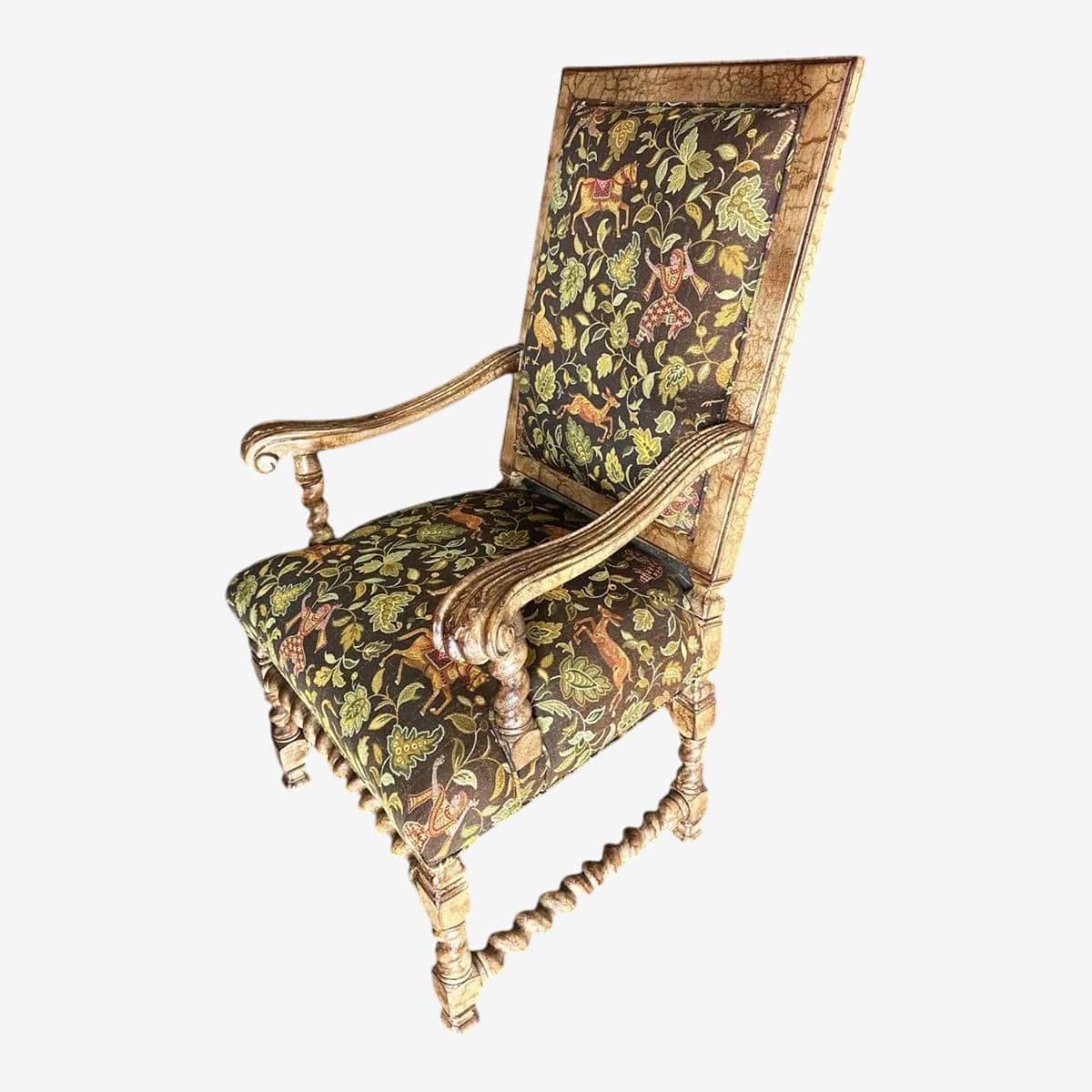 Hacienda Chair With Barley Twist Legs and Mughal Bestiary Upholstery - Circa 2020s - Image 1