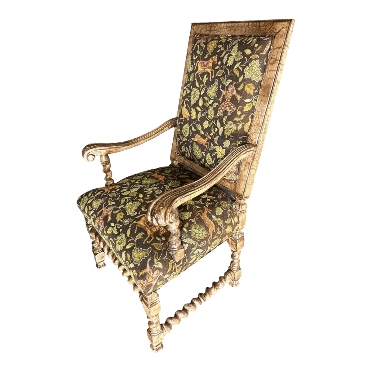 Hacienda Chair With Barley Twist Legs and Mughal Bestiary Upholstery - Circa 2020s - Thumbnail 2
