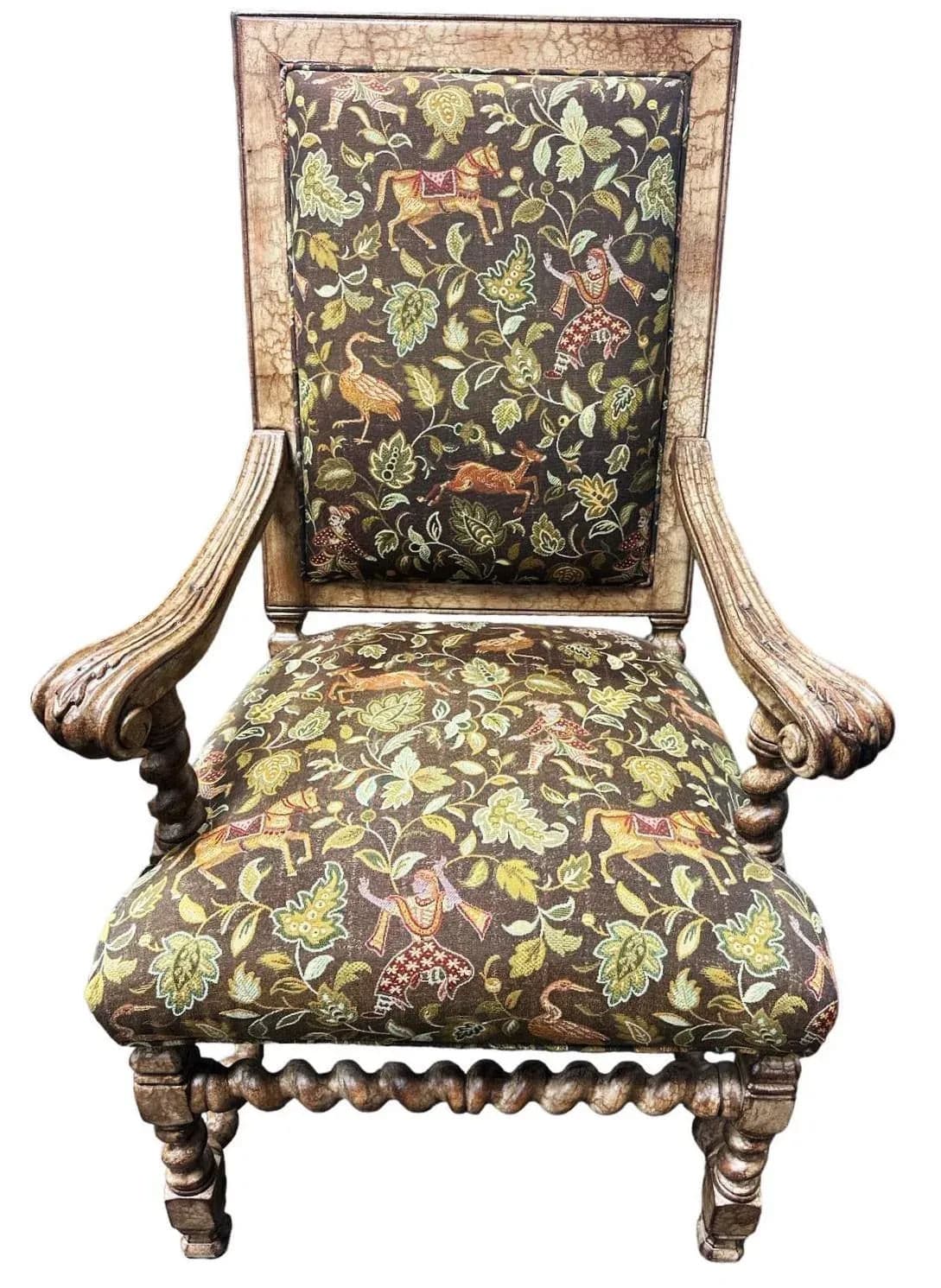 Hacienda Chair With Barley Twist Legs and Mughal Bestiary Upholstery - Circa 2020s - Thumbnail 3
