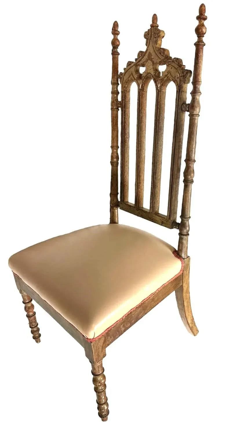 Antique Walnut English Cathedral Spire Chair With New Goatskin Upholstery - Thumbnail 3