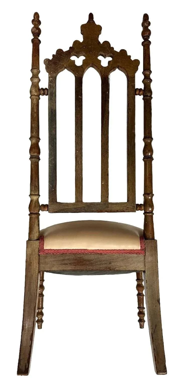 Antique Walnut English Cathedral Spire Chair With New Goatskin Upholstery - Thumbnail 4