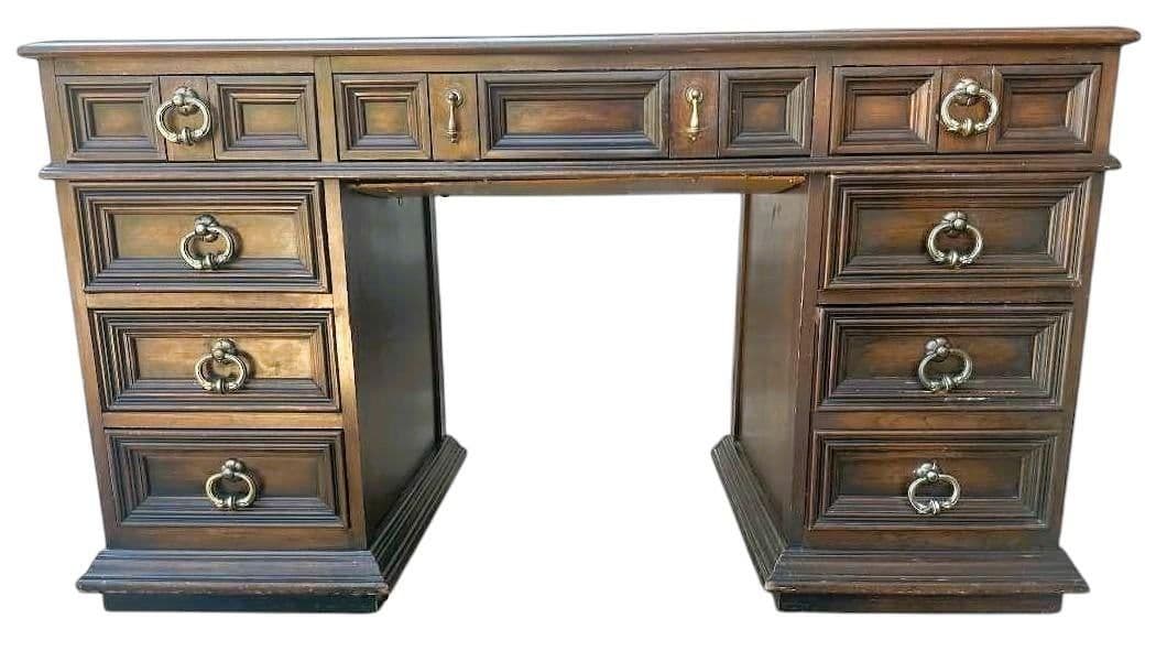 Solid Walnut Leather Topped Spanish Revival Coffered Desk - Vintage Mid 20th Century - Thumbnail 3