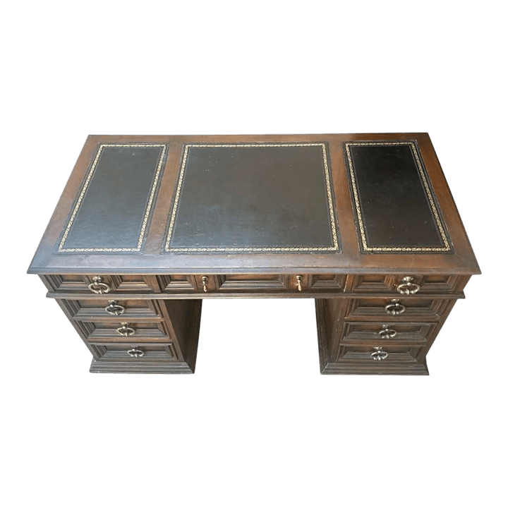 Solid Walnut Leather Topped Spanish Revival Coffered Desk - Vintage Mid 20th Century - Thumbnail 2