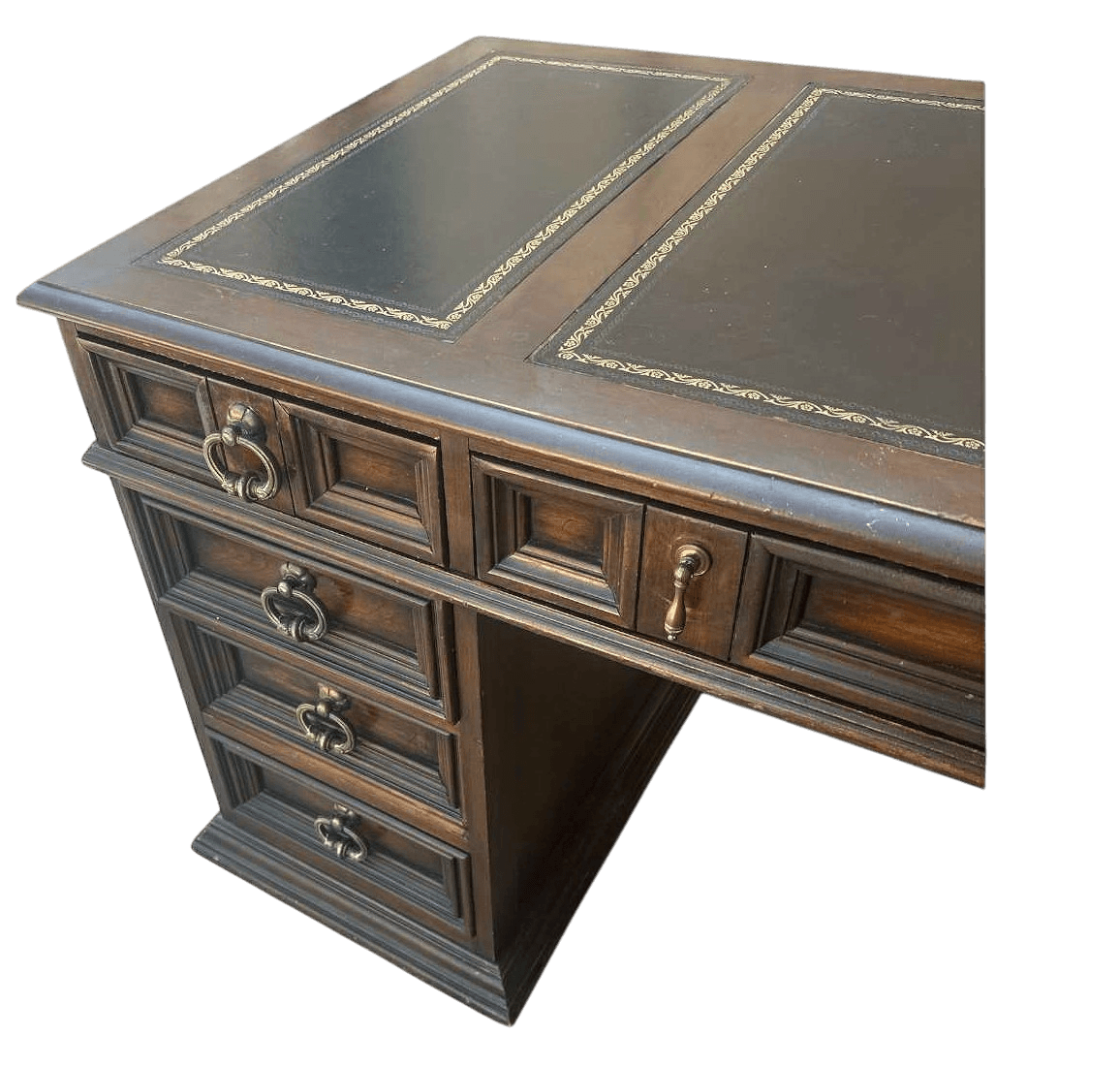 Solid Walnut Leather Topped Spanish Revival Coffered Desk - Vintage Mid 20th Century - Thumbnail 4