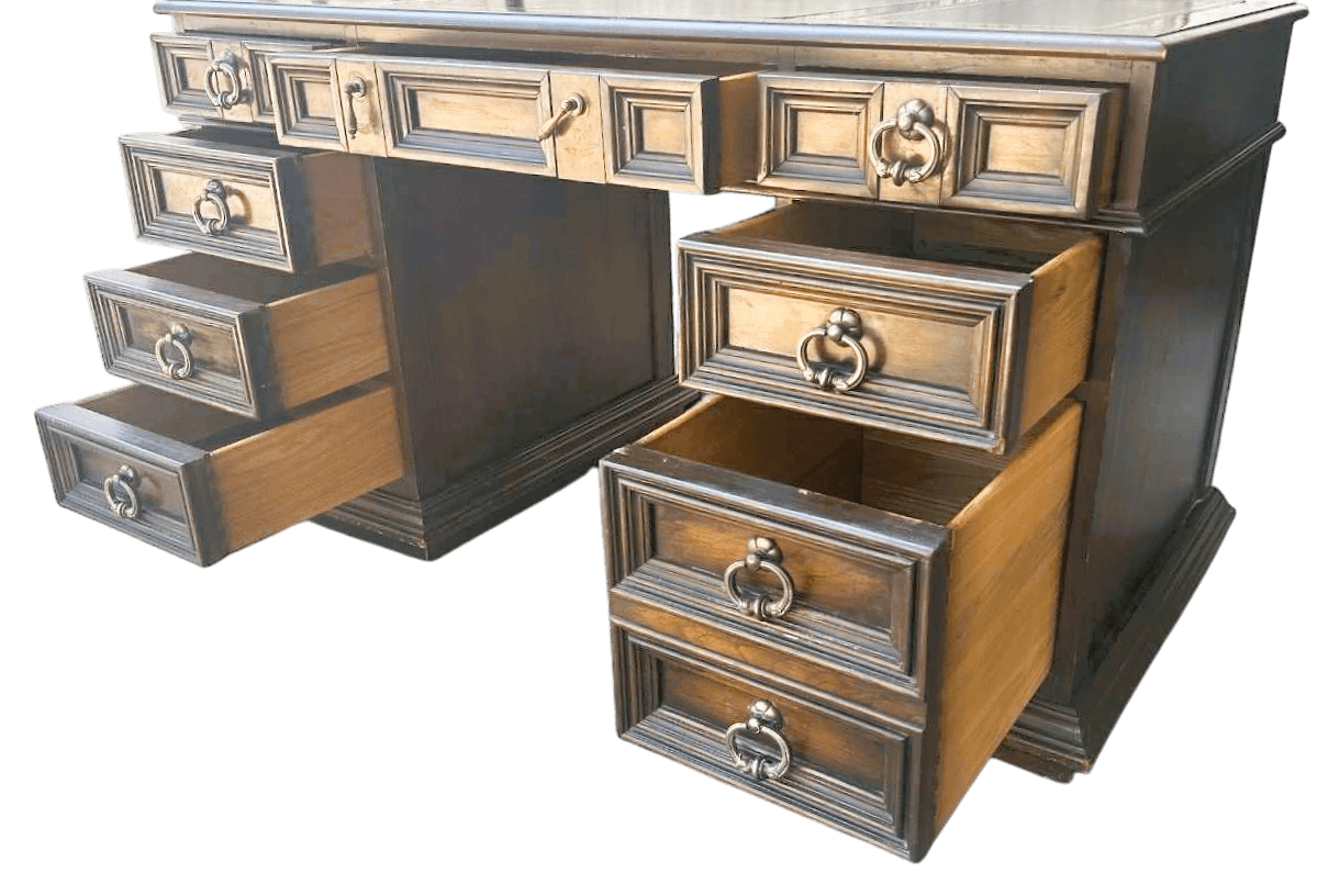 Solid Walnut Leather Topped Spanish Revival Coffered Desk - Vintage Mid 20th Century - Thumbnail 6