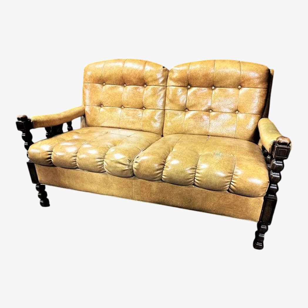 Mustard Yellow Vinyl Mid Century Spanish Revival Settee - Image 1