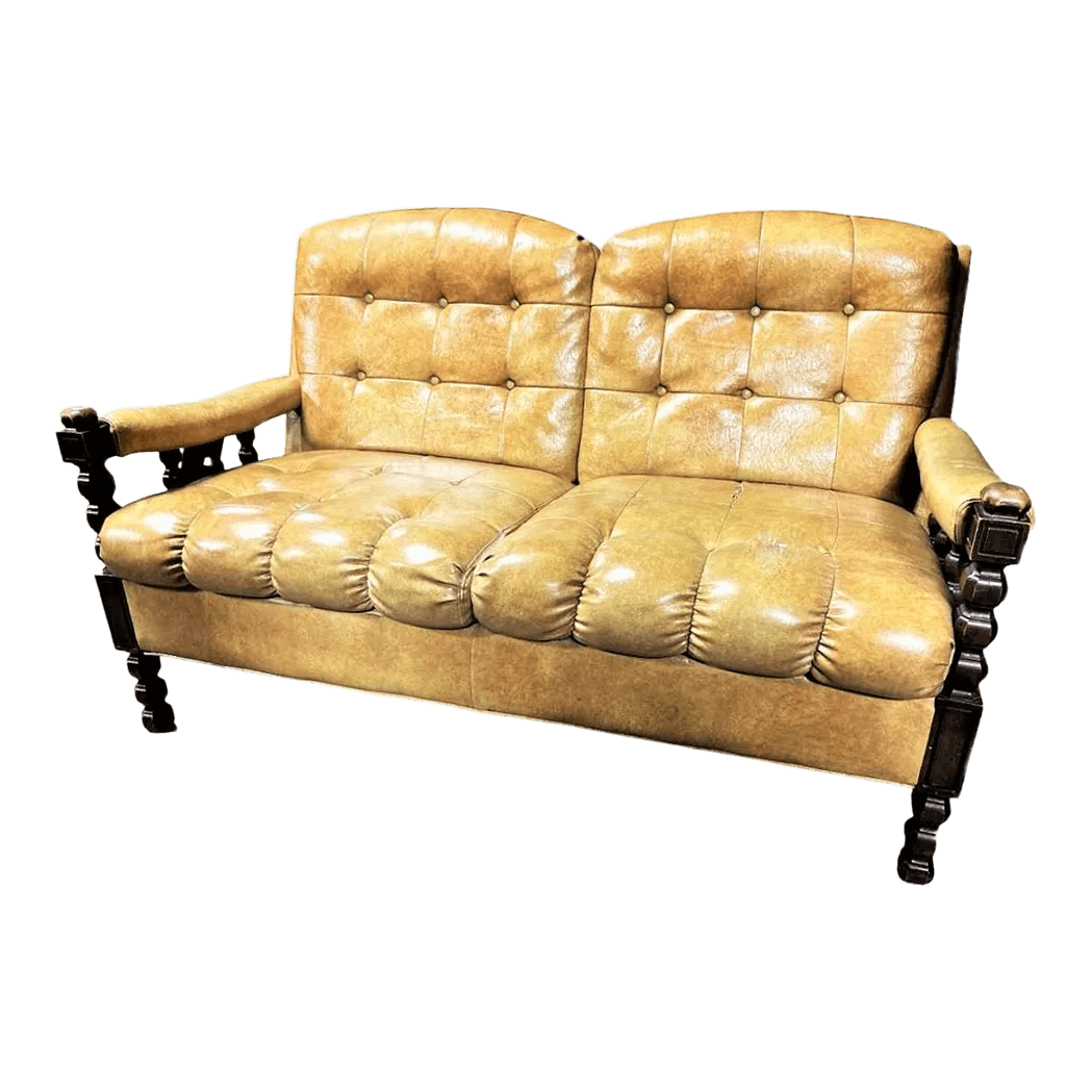 Mustard Yellow Vinyl Mid Century Spanish Revival Settee - Thumbnail 2