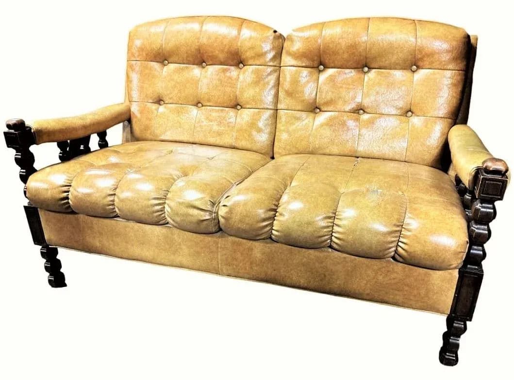 Mustard Yellow Vinyl Mid Century Spanish Revival Settee - Thumbnail 8