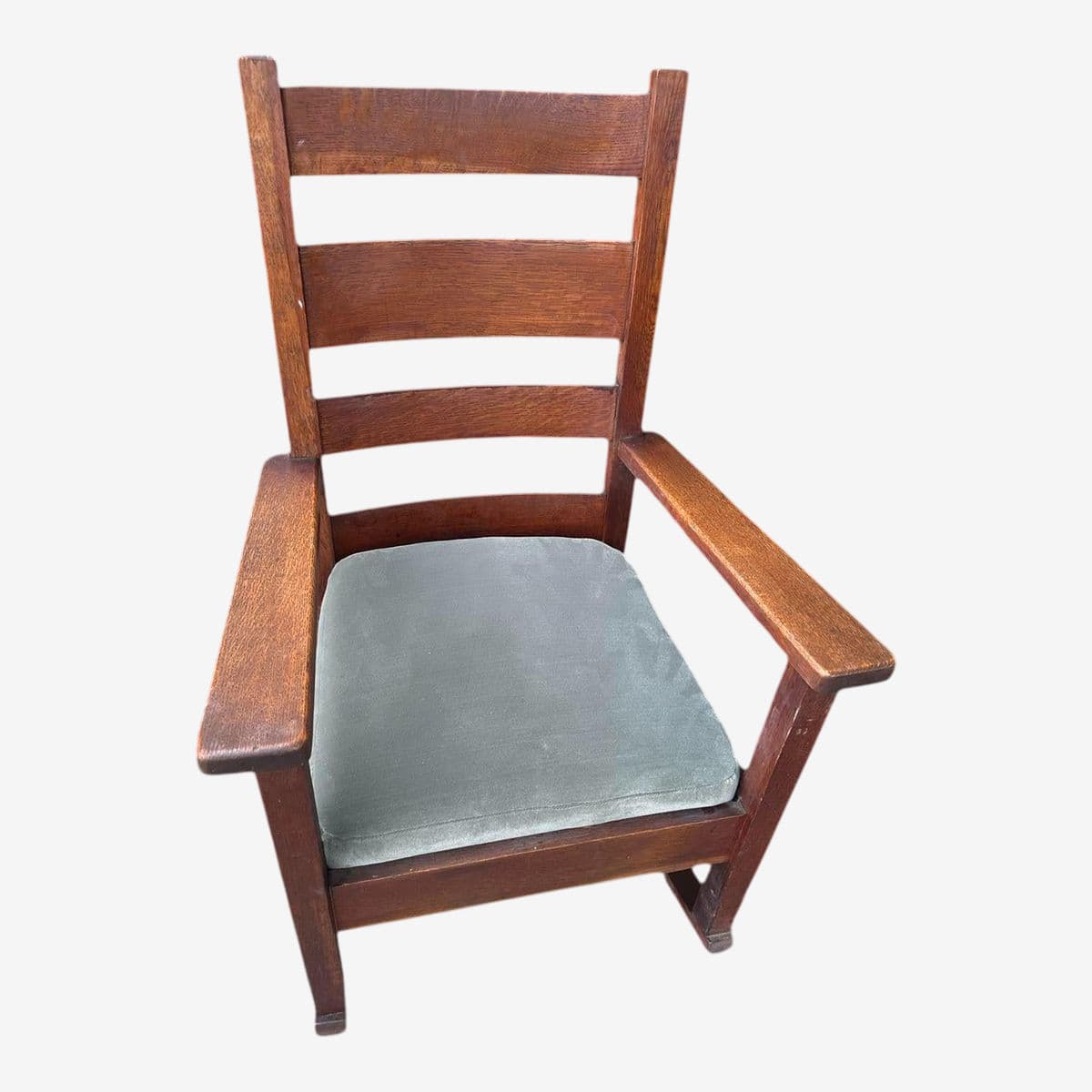 Antique Stickley Grand Rapids Quaint Furniture Mission Oak Rocking Chair With New Mohair Seat Upholstery - Image 1