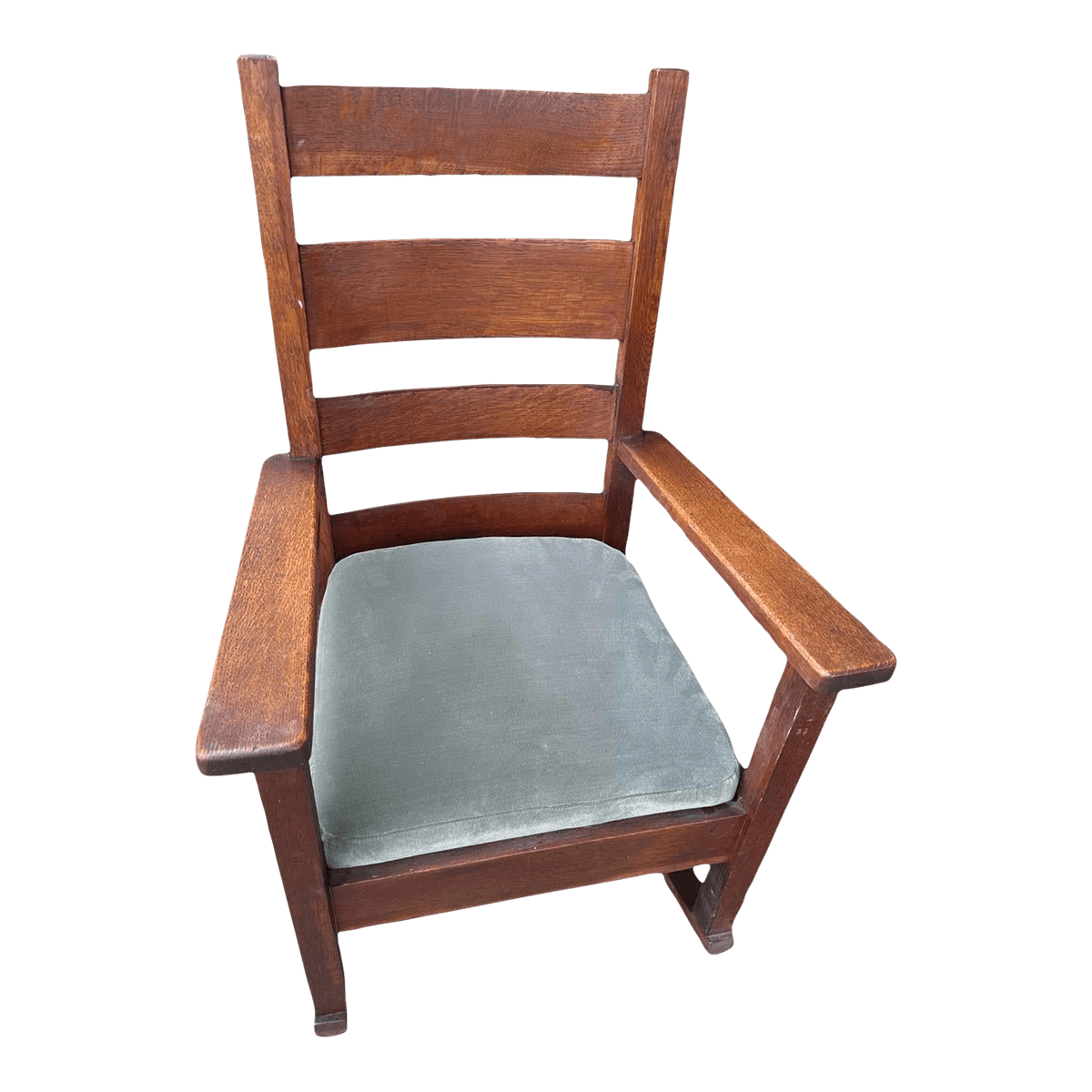 Antique Stickley Grand Rapids Quaint Furniture Mission Oak Rocking Chair With New Mohair Seat Upholstery - Thumbnail 2